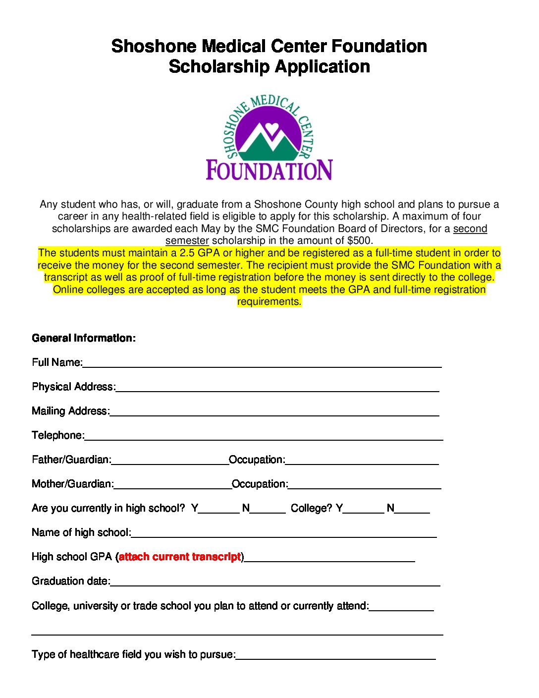 SMCF Scholarship Application – Shoshone Medical Center